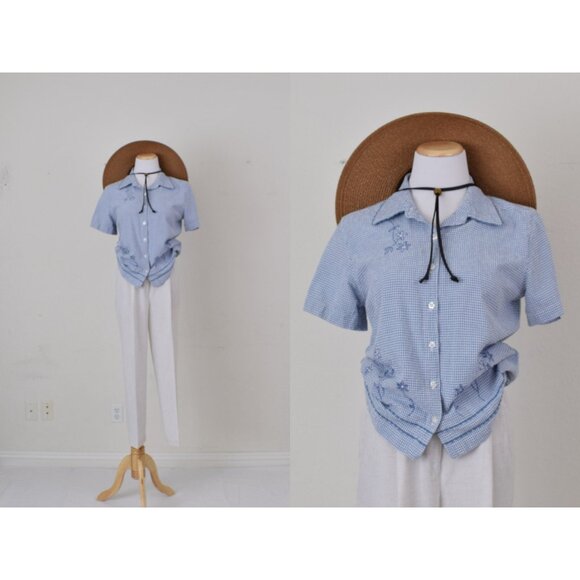 Vintage 80s‎ Cotton Seersucker Check Blouse | size PM - Picture 1 of 10